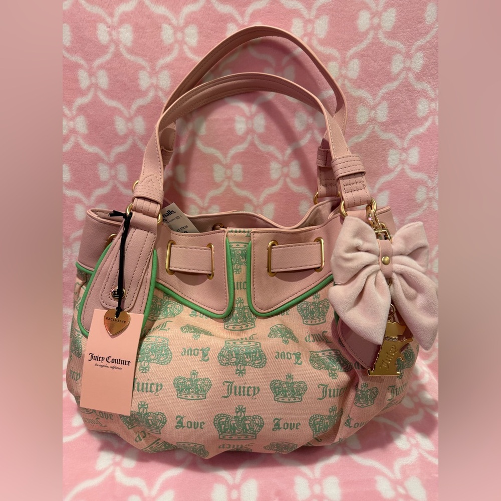 Juicy Couture Pink & Mint Crown-Print Shoulder Bag with Bow Charm